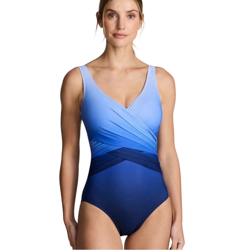 NWT Lands End SlenderSuit Wrap One Piece Swimsuit Deep Sea Navy Ombre Swimsuit